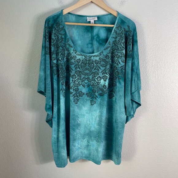 Dressbarn Woman Plus 3X Green Batwing Sleeve Top Beaded Floral Design Shirt - Picture 7 of 10